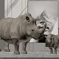 Adult and Baby Rhinoceros Decor In Modern Interior With Marble Wall And Art Painting