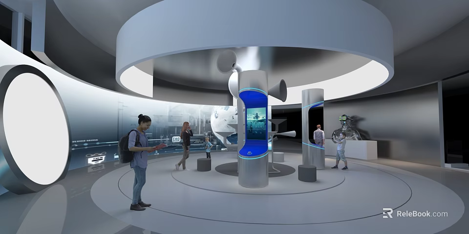 Modern Exhibition Hall Circular Design With Cylindrical Display Stands Digital Screens And Visitors Exploring 3d model
