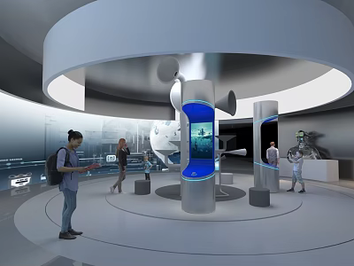 Modern Exhibition Hall Circular Design With Cylindrical Display Stands Digital Screens And Visitors Exploring 3d model
