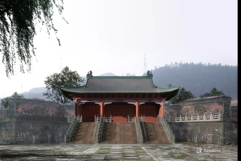 Ancient Chinese Architecture With Green Tiled Roof Overhanging Eaves And Stone Steps 3d model 