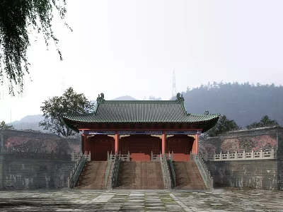 Ancient Chinese Architecture With Green Tiled Roof Overhanging Eaves And Stone Steps 3d model