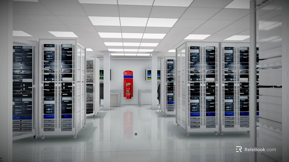 Industrial Equipment Featuring Server Racks Neatly Arranged In Bright Facility With Fire Safety Gear 3d model 