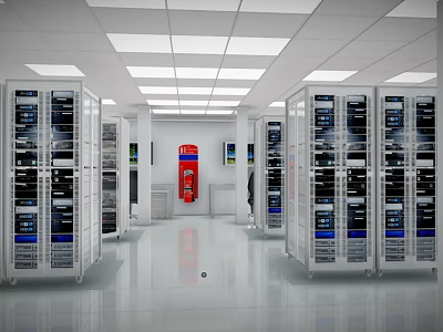 Industrial Equipment Featuring Server Racks Neatly Arranged In Bright Facility With Fire Safety Gear 3d model