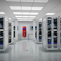 Industrial Equipment Featuring Server Racks Neatly Arranged In Bright Facility With Fire Safety Gear