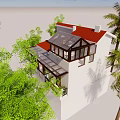 Tropical White Detached Villa With Palm Trees Greenery And Blue Sky