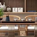 Traditional Tea Room Interior With Wooden Shelves Bamboo Curtains And Green Plants