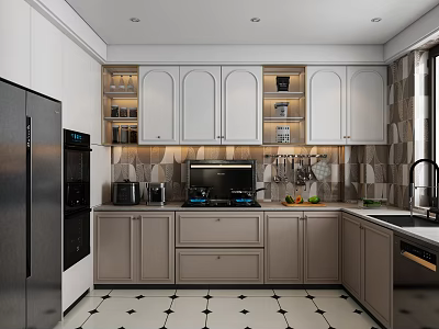 Modern Kitchen Interior With White Upper Gray Lower Cabinets And Stainless Steel Appliances 3d model