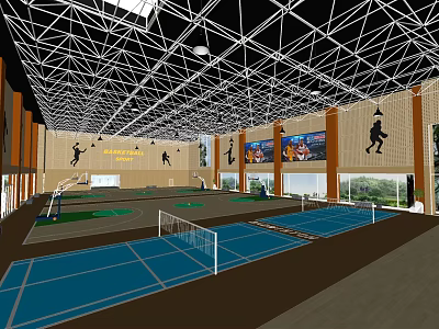 Spacious Indoor Basketball Gym With Multiple Courts Steel Truss Ceiling And Player Silhouettes 3d model