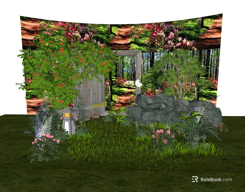 Charming Garden Decor with Green Plants Pink Flowers Wooden Door Stones and Lush Grass 3d model 