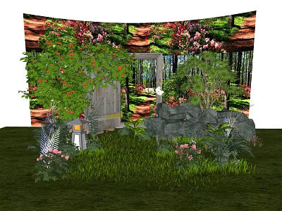 Charming Garden Decor with Green Plants Pink Flowers Wooden Door Stones and Lush Grass 3d model