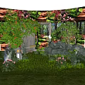 Charming Garden Decor with Green Plants Pink Flowers Wooden Door Stones and Lush Grass