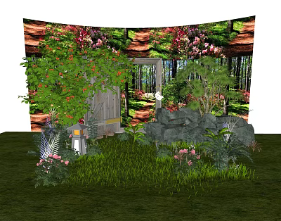 Charming Garden Decor with Green Plants Pink Flowers Wooden Door Stones and Lush Grass 3d model