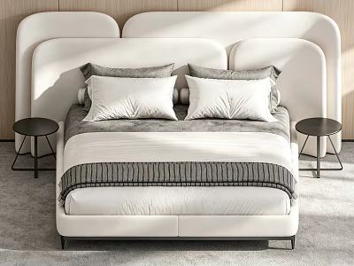 Modern Double Bed With White Headboard Pillows And Black Side Tables In Wooden Wall Bedroom 3d model