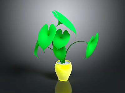 Green Leafy Plant in Yellow Vase with Gray Background and Lush Foliage 3d model