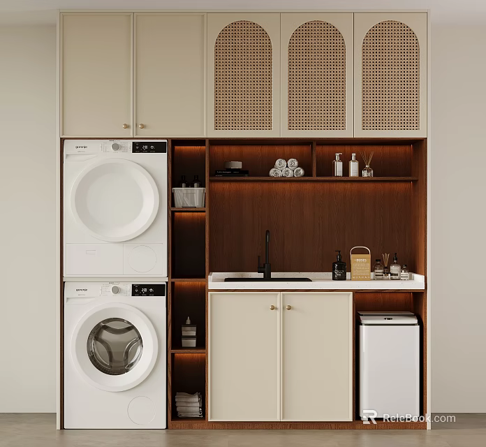 Modern Laundry Room With Kitchen Area Stacked Washer Dryer Wooden Countertop And Cabinets 3d model 
