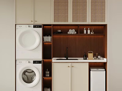 Modern Laundry Room With Kitchen Area Stacked Washer Dryer Wooden Countertop And Cabinets 3d model