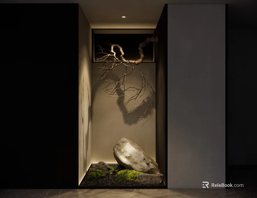 Indoor Zen Garden Design With Stone Tree Branch And Moss Under Soft Lighting 3d model 
