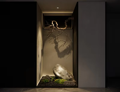 Indoor Zen Garden Design With Stone Tree Branch And Moss Under Soft Lighting 3d model