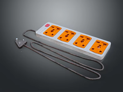 Multi Outlet Computer Power Strip with White Body Four Orange Outlets and Brown Power Cord 3d model