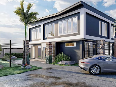 Modern Detached Villa Exterior With Large Windows Palm Tree And Driveway Car 3d model