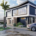 Modern Detached Villa Exterior With Large Windows Palm Tree And Driveway Car