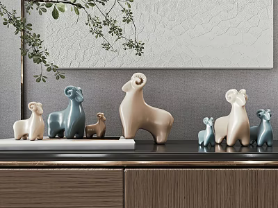 Blue And Beige Decorative Sheep Figurine Ornament Set On Cabinet With Plant Accents 3d model