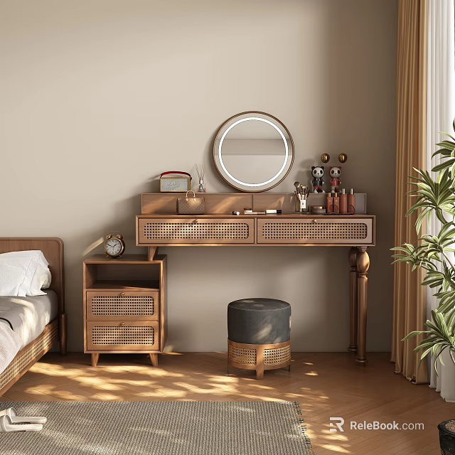 Wooden Dressing Table With Rattan Drawers Round Mirror And Gray Stool In Bedroom 3d model 