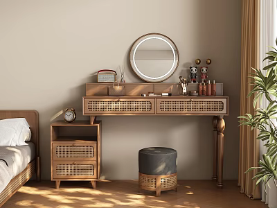 Wooden Dressing Table With Rattan Drawers Round Mirror And Gray Stool In Bedroom 3d model