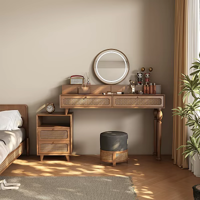 Wooden Dressing Table With Rattan Drawers Round Mirror And Gray Stool In Bedroom 3d model