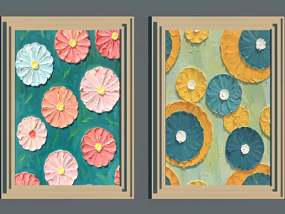 Abstract Painting With Textured Flowers In Green Pink Blue Yellow Background Framed Wall Art 3d model