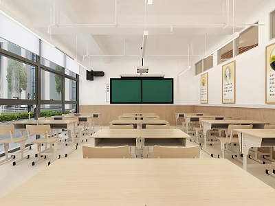 Spacious School Classroom Interior With Desks Chairs Blackboard And Large Windows 3d model