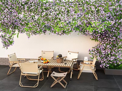 Lush Purple Flower Vines Hanging Outdoor Plant Combination With Wooden Table Chairs And Fruits 3d model
