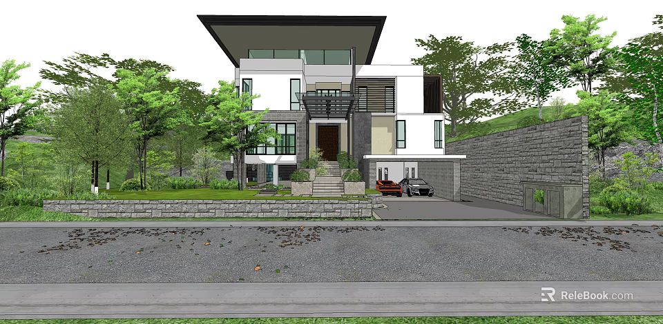 Modern Detached Villa Exterior Design With Large Glass Windows Stone Steps Trees And Greenery 3d model 