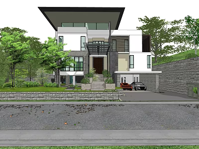 Modern Detached Villa Exterior Design With Large Glass Windows Stone Steps Trees And Greenery 3d model