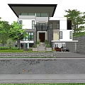 Modern Detached Villa Exterior Design With Large Glass Windows Stone Steps Trees And Greenery