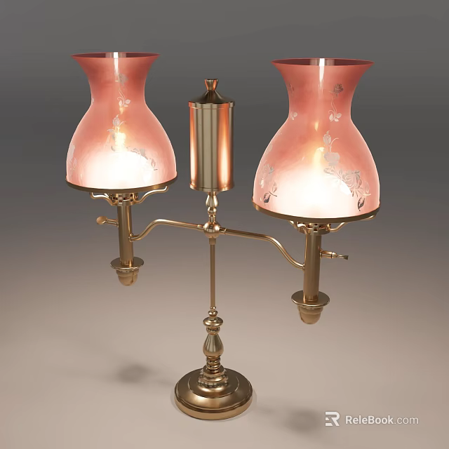 Elegant Lighted Table Lamp With Double Pink Lampshades And Golden Metal Base 3d model 