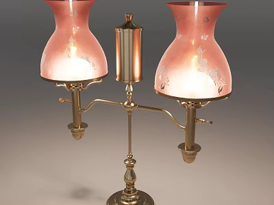 Elegant Lighted Table Lamp With Double Pink Lampshades And Golden Metal Base 3d model