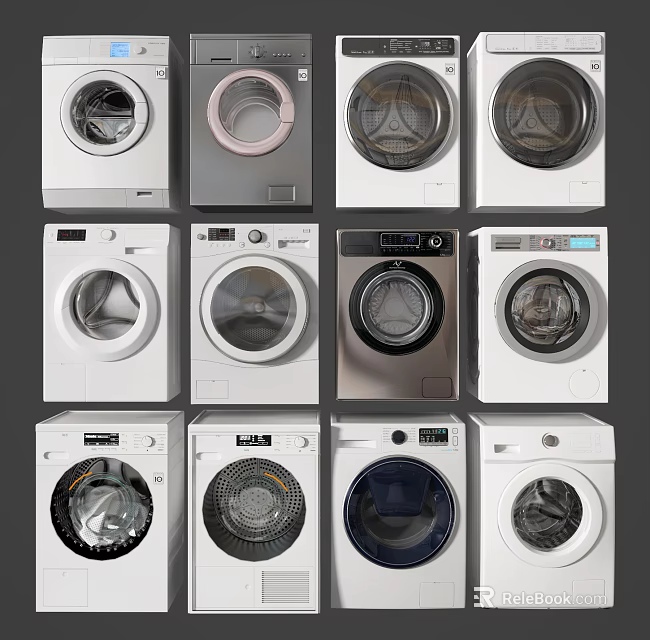 Various Front Loading Washing Machines With Modern Designs Multiple Colors And Control Panels 3d model