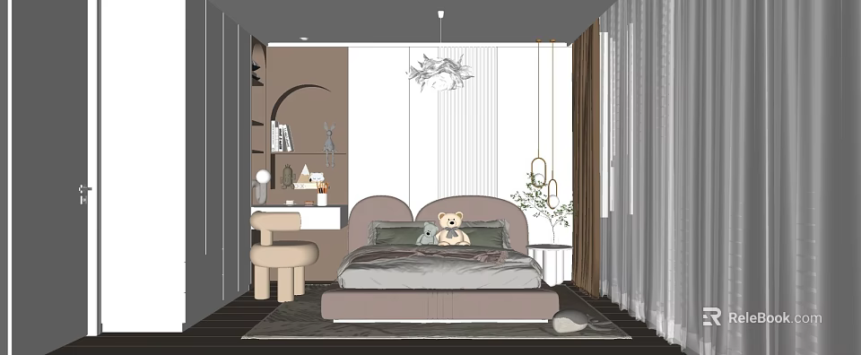 Cozy Kids Room Interior With Soft Bed Teddy Bear Chandelier And Curtains 3d model 
