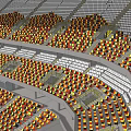 Football Stadium Featuring Yellow Curved Roof And Orange Black Seats On Green Field