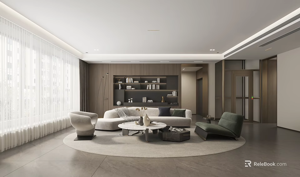 Modern Living Room With Sofa Armchair Round Rug And Floor To Ceiling Windows 3d model 
