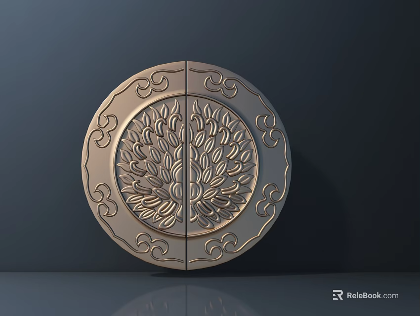 Decorative Circular Door Handle With Carved Leaf Pattern And Symmetrical Design 3d model 