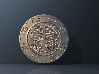 Decorative Circular Door Handle With Carved Leaf Pattern And Symmetrical Design 3d model