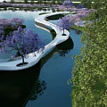 Waterfront Landscape Design Featuring Winding Paths Green Lawns And Purple Flowering Trees