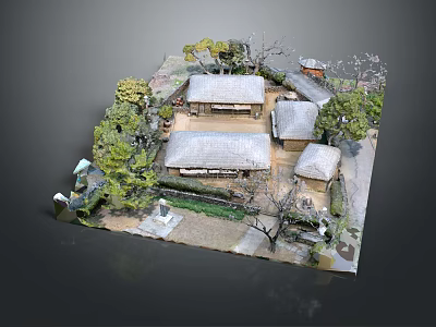 Cartoon Scene of Traditional Japanese Village with Thatched Roof Houses and Green Trees 3d model