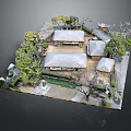 Cartoon Scene of Traditional Japanese Village with Thatched Roof Houses and Green Trees