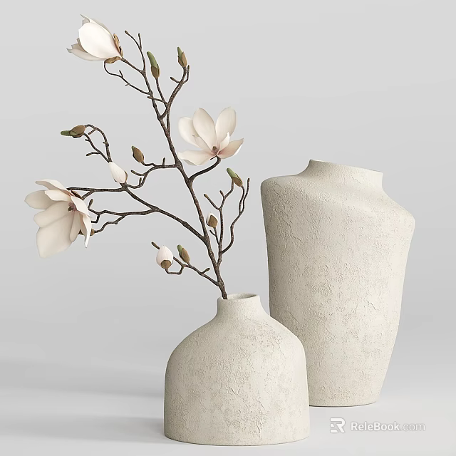 Minimalist Decorative Ornament Set with Textured Vases White Flower Branches and Buds 3d model 