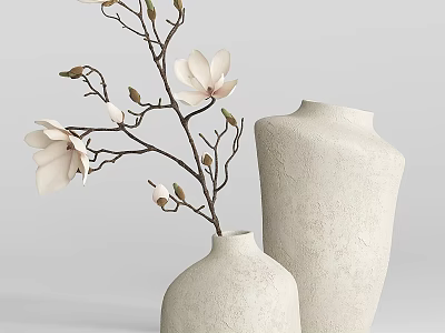 Minimalist Decorative Ornament Set with Textured Vases White Flower Branches and Buds 3d model