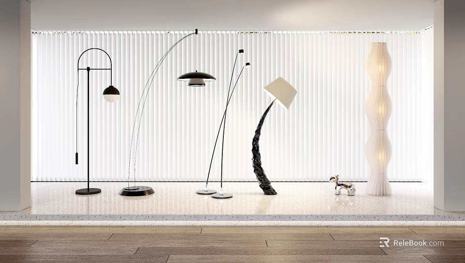 Modern Minimalist Floor Lamps With Various Designs Against White Vertical Blinds And Light Wooden Floor 3d model 