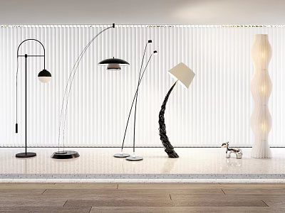 Modern Minimalist Floor Lamps With Various Designs Against White Vertical Blinds And Light Wooden Floor 3d model